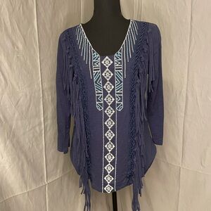 Mur Mur Chic 100% Cotton Navy Women's Blouse with Embroidery and Tassels